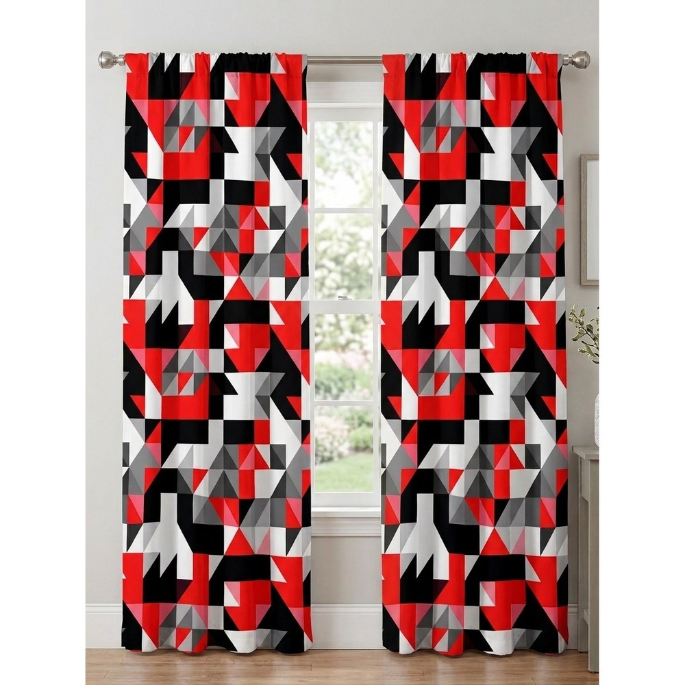Ambesonne Geometric Mosaic Red Black Grey Window Curtains 2 Panel Set 56x84 NEW